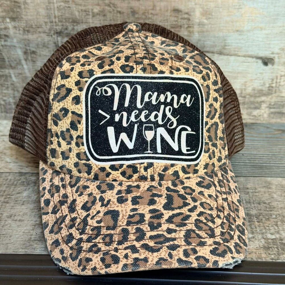 NWOT Distressed Brown Leopard Mama Needs Wine Baseball Cap with snap closure